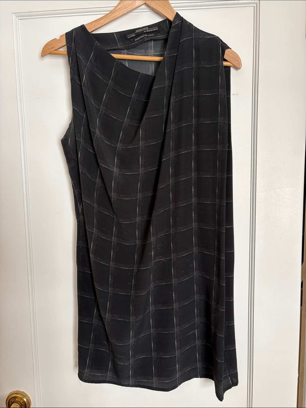 All Saints Black Windowpane Draped Sleeveless Dress